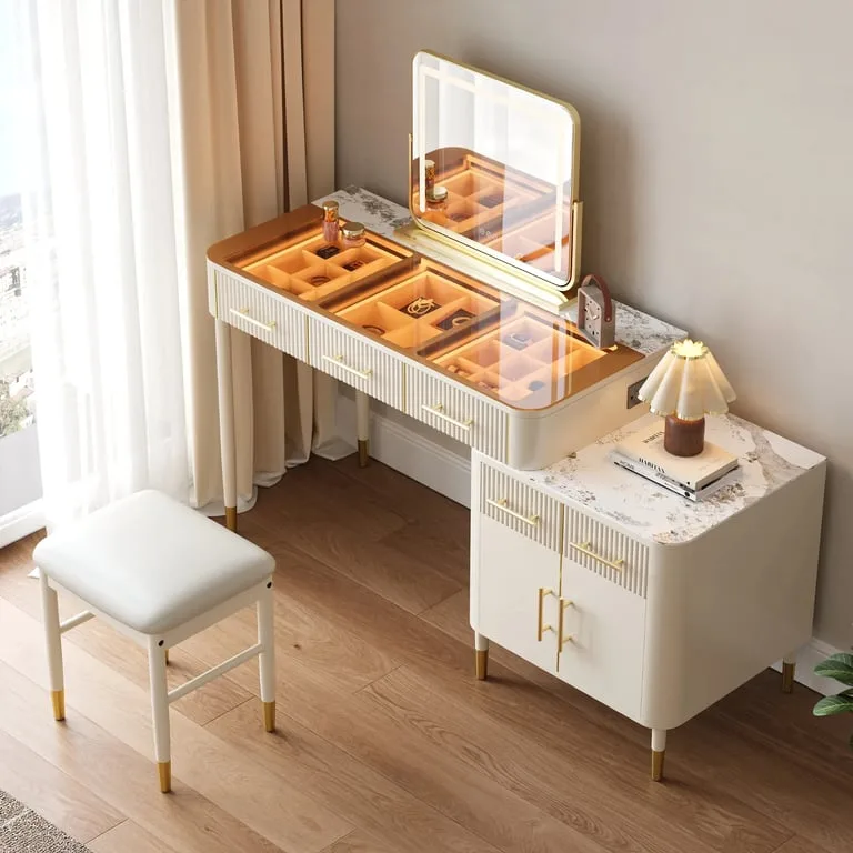 Velona Vanity Set – Natural Wood with Glass & Marble-Look Surfaces, LED Mirror & Chair