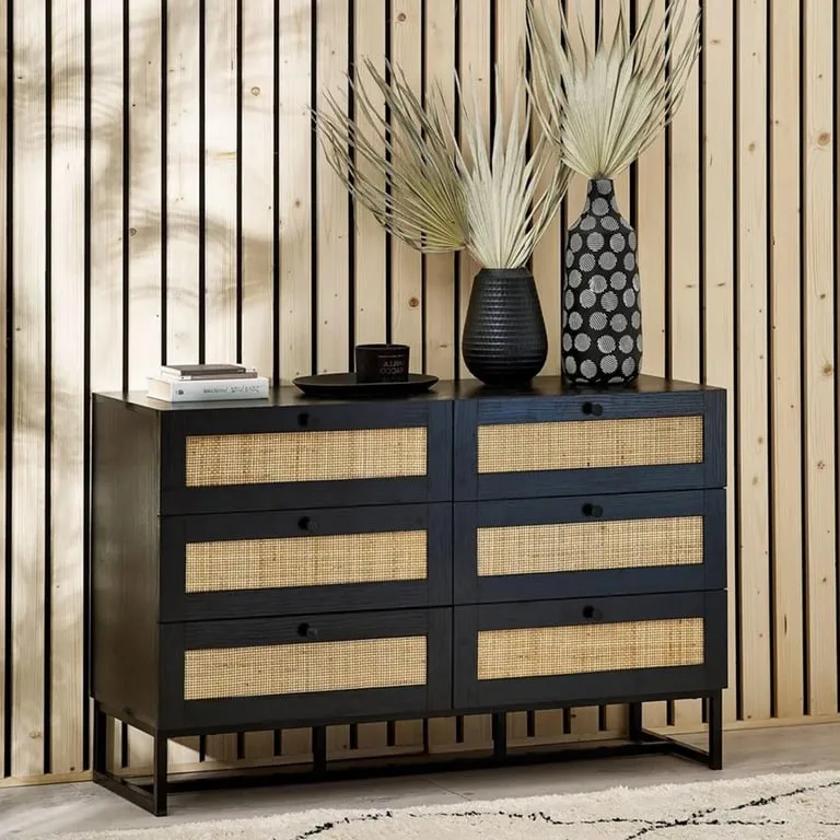 Paden - A spacious 6-drawer chest in natural wood and rattan.
