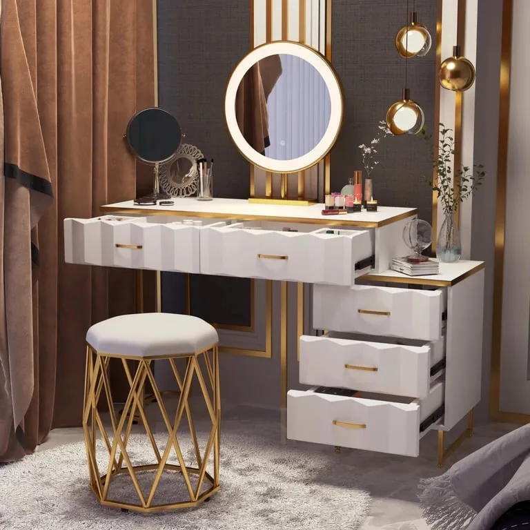 Valencia Vanity Set – Natural Wood with LED Mirror & Pouf Featuring Gold Stainless-Steel Details