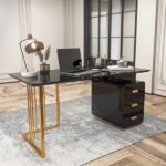Jivar – Natural Wood Desk with White & Gold Finish and Castor Feet