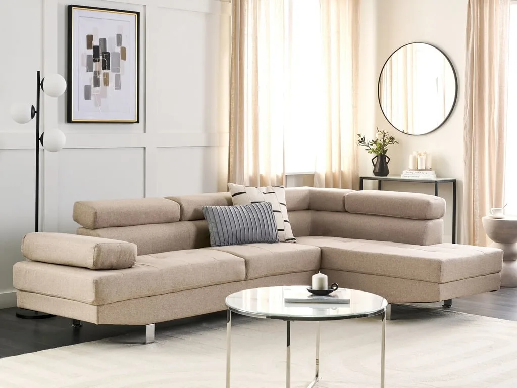 Norrea Corner Sofa – Natural Wood Frame with Adjustable Headrests