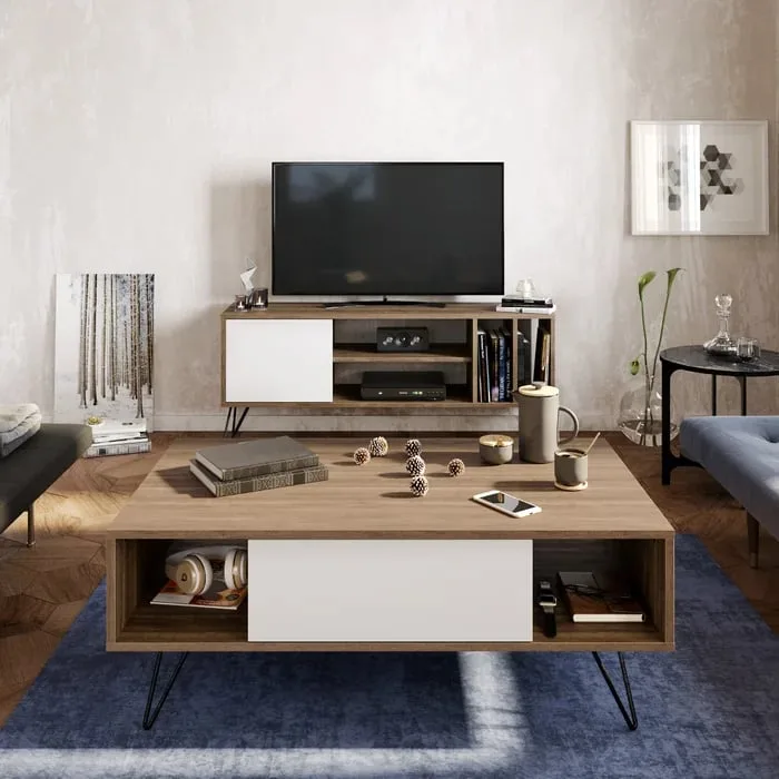 Mavik Natural Wood Coffee Table with Metal Legs & Drawer