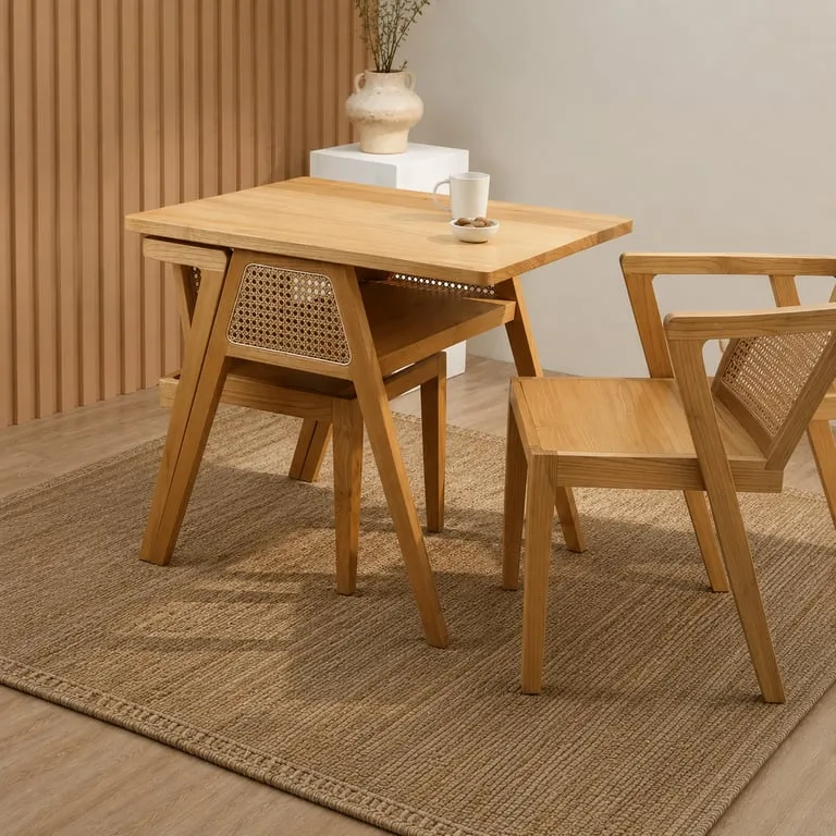 Navo Natural Wood Dining Set – Woven Backrest