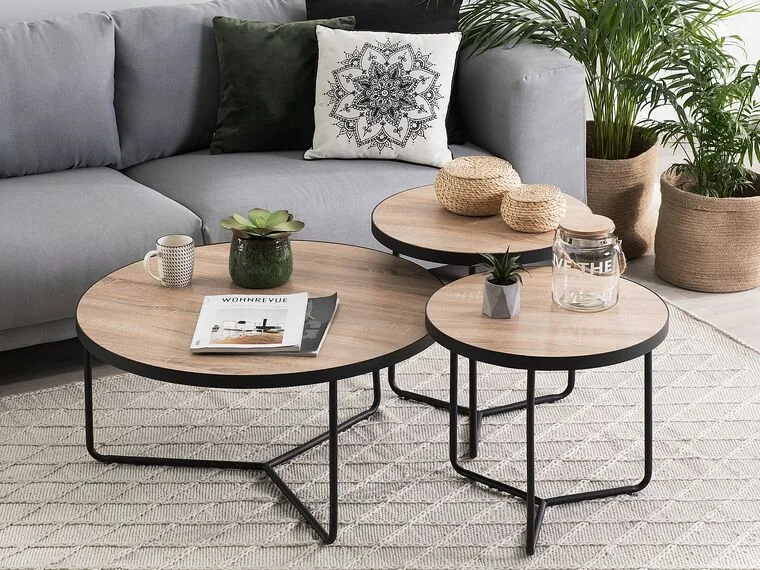 Alice Nesting Coffee Tables – Natural Wood & Metal Set of 3