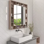 Joksha bathroom mirror unit with storage shelves.