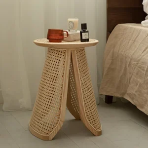 Cafe Modern Rattan Side Table with Natural Wood - Image 2